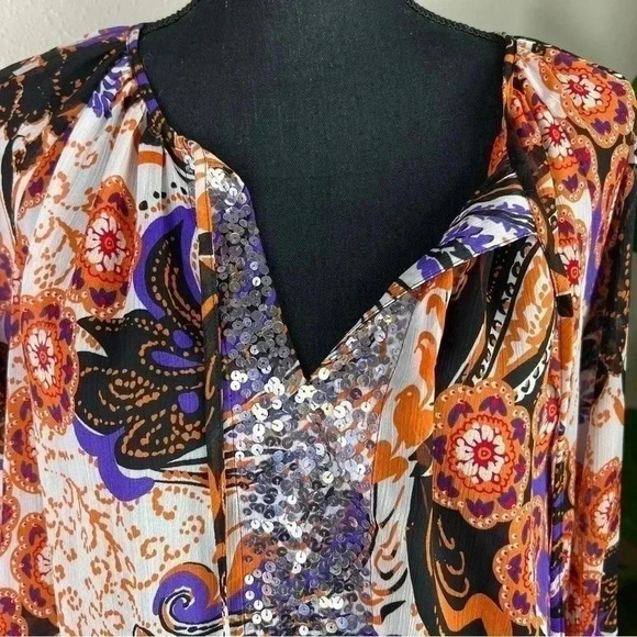 Sunny Leigh Women’s Boho Floral Paisley Blouse Top Orange Sequin Size Medium - Picture 2 of 11